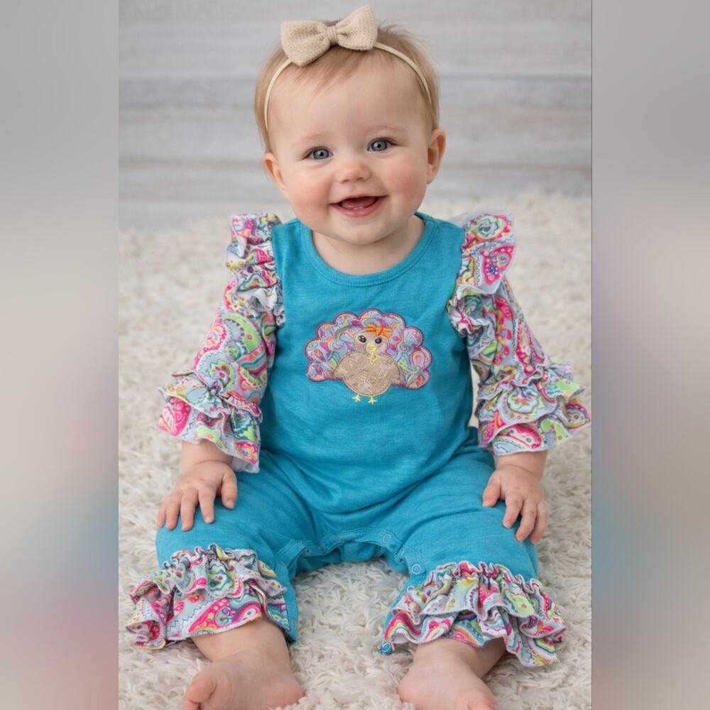 Teal Thanksgiving Baby Romper with Paisley Ruffle Sleeves Sz. 12m #1868